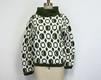 Vintage 1960s Turtleneck Sweater |  Avocado Green and White Pullover with Geometric Print | Size Medium