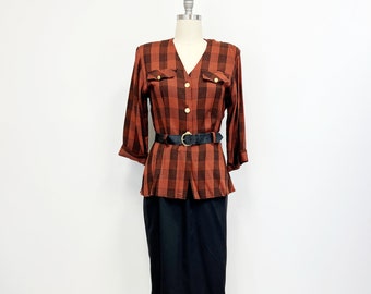 Vintage 80s Dress with Peplum | Belted V Neck | Rust and Black Plaid | Size 14