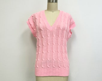 Vintage 70s V Neck Sweater Vest | Cable Knit in Bubble Gum Pink | Size Small to Medium