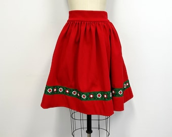 Vintage Full Skirt | 1960s Short Red Skirt with Floral Trim | Size Small