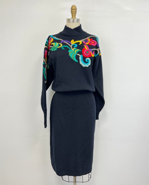Vintage 70s Sweater Dress  | Embroidered Black Dr… - image 1