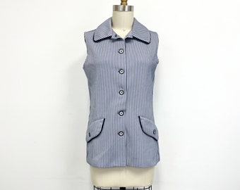 Vintage Striped Vest | Late 1960s Collared Sleeveless Blouse or Top | Size Small