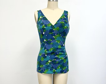 Vintage 60s Bathing Suit | Womens One Piece Swim Suit | Blue Floral Size 36C
