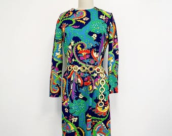 Vintage 1960s Mod Dress | Wild Print Polyester with Long Sleeves | Size Small