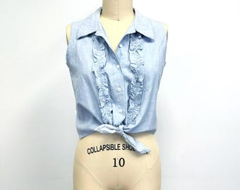 Camicetta vintage NWT con cintura annodata / Camicia in chambray con volant frontale senza maniche Y2K / Taglia media