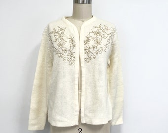 Vintage Beaded Cardigan Sweater | 70s Ivory Cardi with Pearls and Gold Cording | Size Small to Medium