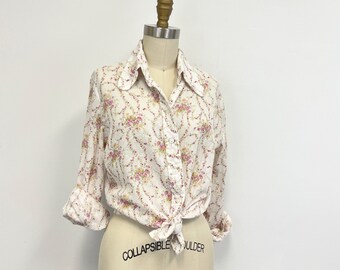 Vintage Delicate Floral Blouse | Button Down with Long Sleeves and French Cuffs | Size Large