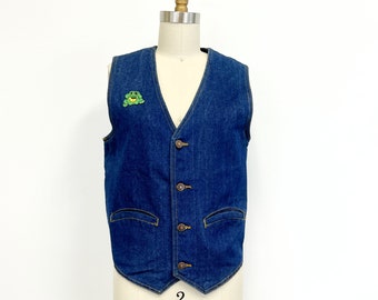 Vintage Womens Denim Vest | Button Front | Frog Patch| Pockets | Dark Wash Denim | Size Small to Medium