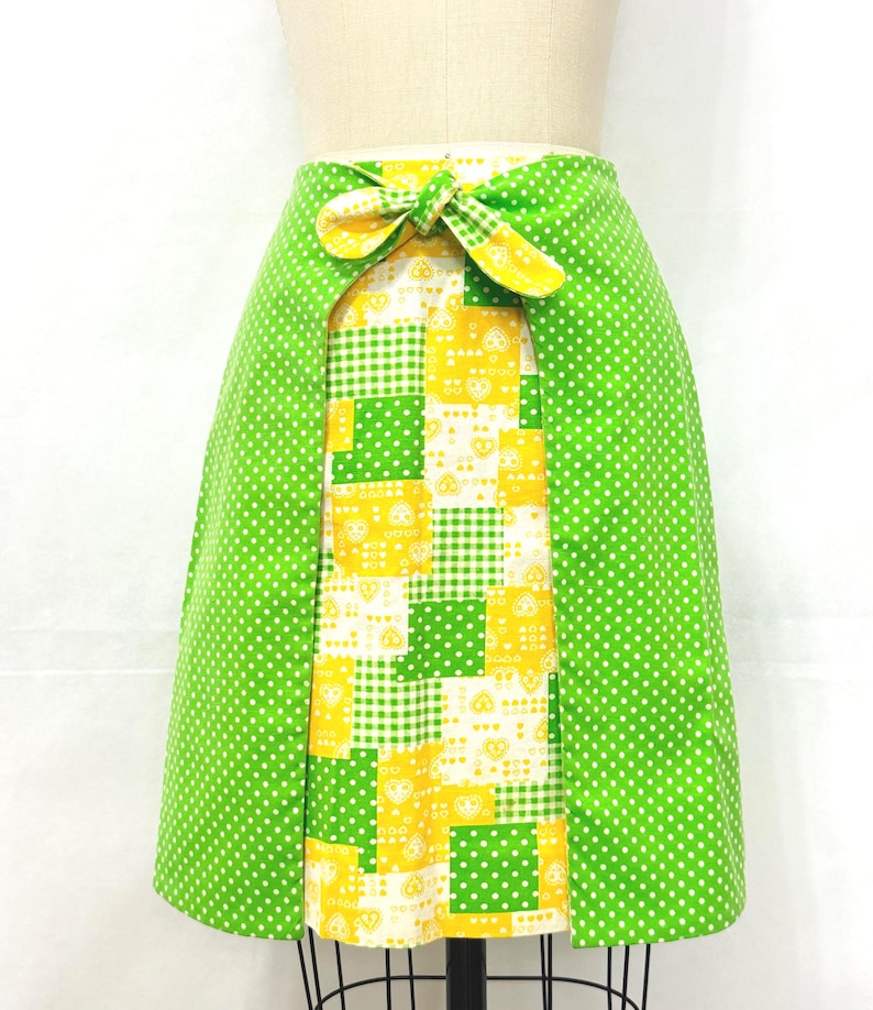 Vintage 70s Patchwork  Mini Skirt | Green and Yellow Polka Dot Wrap  | Size 8