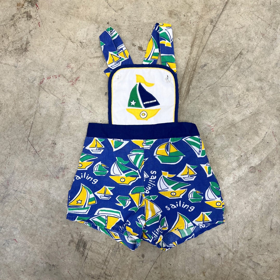 Vintage 70s Baby Sailboat Overall Shorts Blue And Green 6 To 9 Months vintage-70s-baby-sailboat-overall-shorts-blue-and-green-6-to-9-months