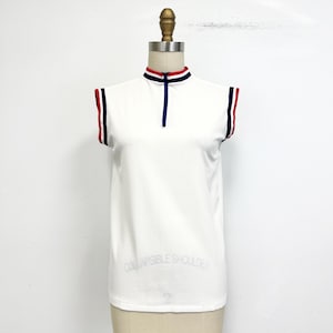 Vintage 60s Sleeveless Top | White Zip Neck White  Shell with Red and Navy Trim | Size Large