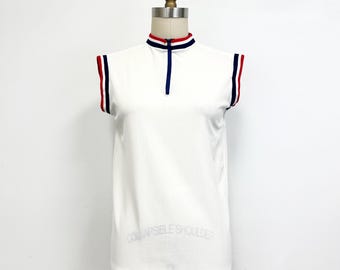 Vintage 60s Sleeveless Top | Mod White Zip Neck, Red & Navy Trim, Large