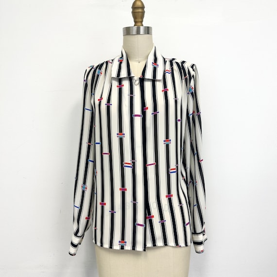 Vintage 80s Striped Blouse with Shoulder Pads | B… - image 2