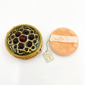Vintage Evans Compact | 1950s Unused Gold Chainmail and Green Enamel with Red Stones
