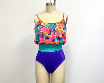 Vintage 80s Bathing Suit |  Blouson One Piece Swimsuit | Electric Purple Turquoise and Orange | size 12