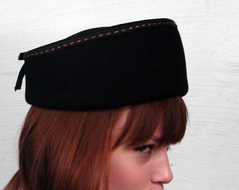 Vintage Pillbox Hat | 1950s Womens Black Hat with Orange Top Stitching and Back Bow