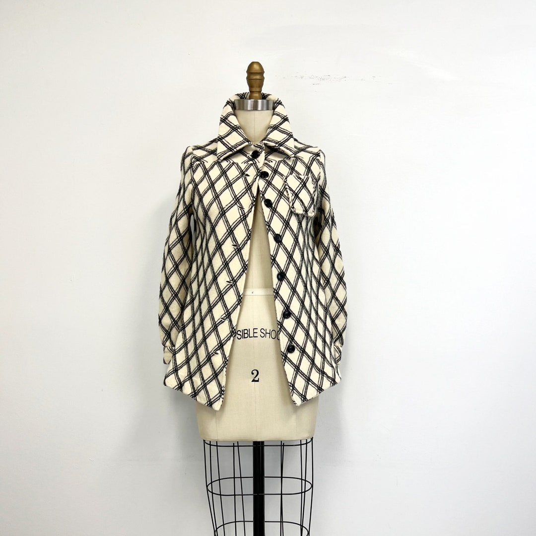 Vintage Plaid Wool Shirt Jacket Cream and Black Size XS to - Etsy
