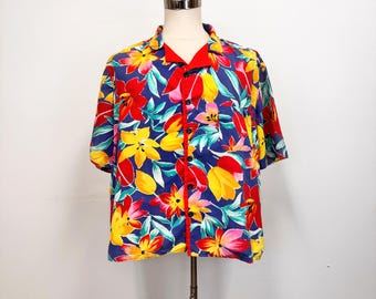 Vintage 80s Mens Floral Button Down Shirt | Brightly Colored Short Sleeve Shirt | Size XL