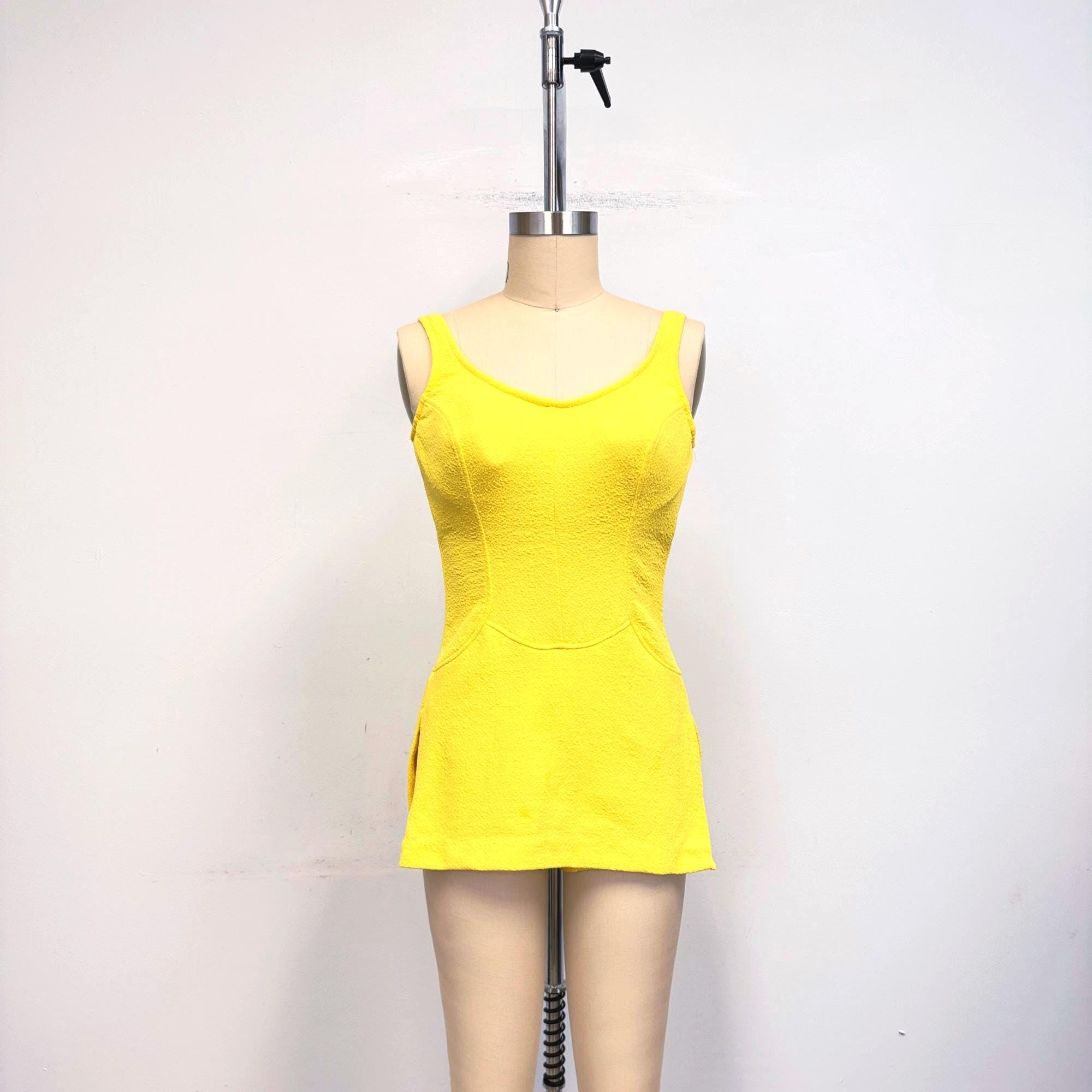 Vintage 60s Jantzen Bathing Suit | Lemon Yellow One Piece with Scoop Back | Size 14