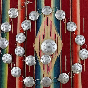 Vintage  90s sterling silver obara concho belt | 21 star stamped conchos with silver chain links | adjustable