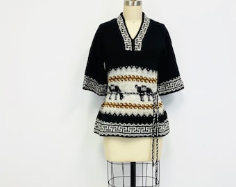 Vintage 70er Jahre Alpaka Intarsia Pullover: Kimono Ärmel Gürtel Pullover