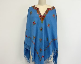Vintage Embroidered Poncho | 1970s Lightweight Wool with Flowers | Fringe at Hem | One size