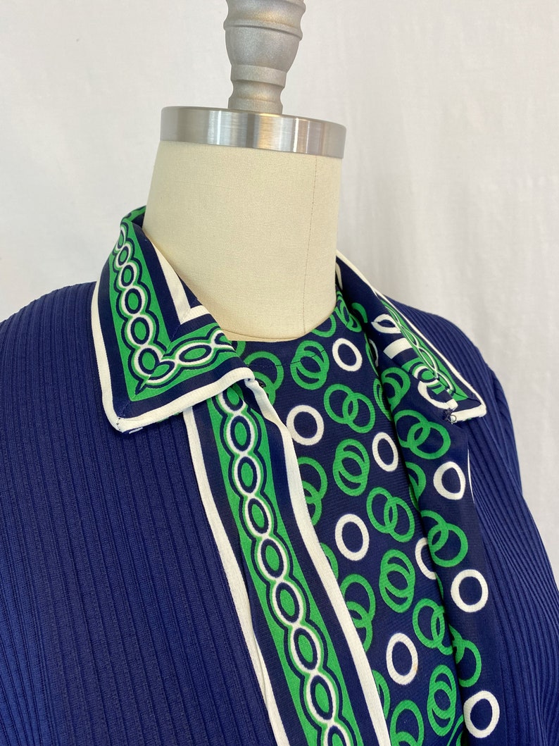 70s Shift Dress with Jacket Size Medium to Large Vintage Belted Dress in Navy Blue and Green