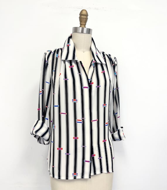 Vintage 80s Striped Blouse with Shoulder Pads | B… - image 1