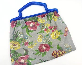 Vintage 1950s Barkcloth Tote Bag with Blue Plastic Handles | Floral Fabric Purse