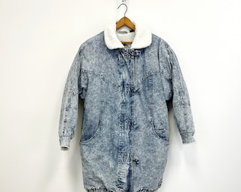 Vintage Andy Johns Acid Wash Denim Coat | 1980s Fleece Lined Anorak | Size Extra Large