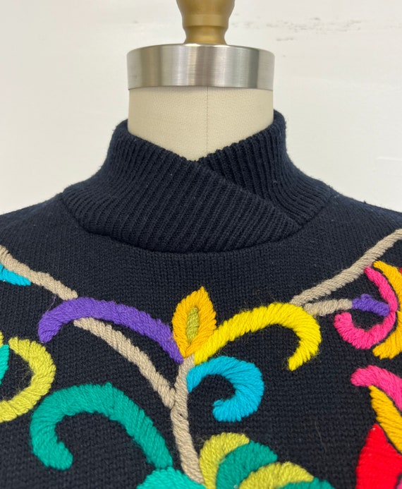 Vintage 70s Sweater Dress  | Embroidered Black Dr… - image 4