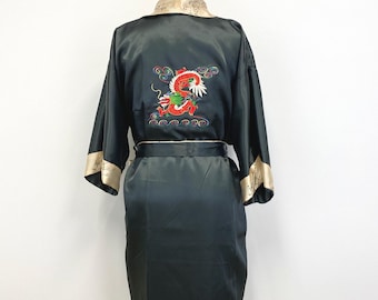 Vintage Satin Robe with  Dragon & Peacocks | Reversible Belted Kimono in Black