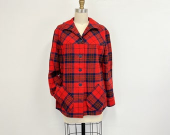 Vintage 1970s Pendleton Plaid Wool Jacket | Red and Blue Plaid with Pockets | Size  10