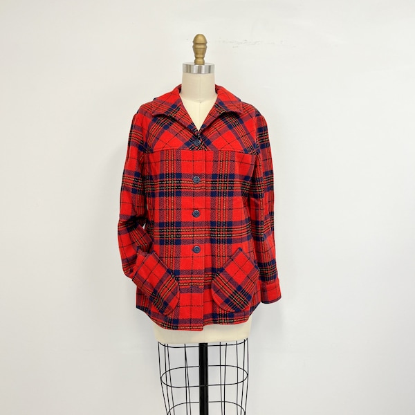 Vintage 1970s Pendleton Plaid Wool Jacket | Red and Blue Plaid with Pockets | Size  10