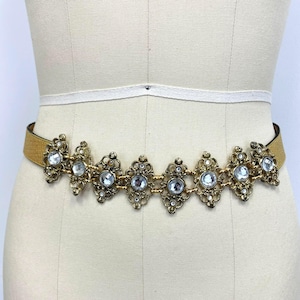 Vintage Statement Leather Belt | 80s Gold and Rhinestones Belt | Back Buckle | Size Medium Large