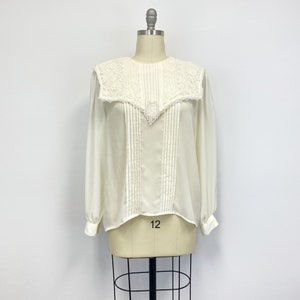 Vintage 80s Ivory Blouse | Karen Scott Top With Lace and Pintucks | Size 14
