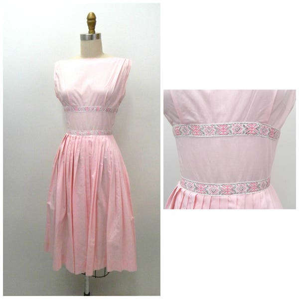 Vintage 1950s Day Dress | Pale Pink  Low Cut  Back Dress | Size Extra Small