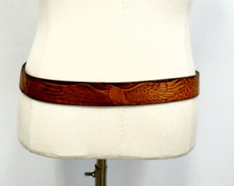 Vintage 70s Tooled Leather Belt With Brass Eagle Buckle  display picture 3