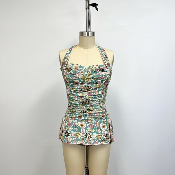 Vintage 1950s Bathing Suit | Ruched One Piece with Skirt | Shell Print | Gantner Size 16