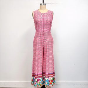 Vintage 60s Jumpsuit | Wide Leg Zip Front with Flowers | Pink and Green | Size Medium