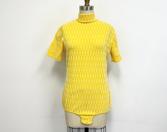 Vintage Yellow Bodysuit | 1960s Short Sleeve Turtleneck Body Suit | Size Large to XL