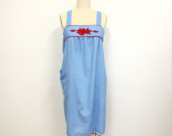 Vintage 70s Sundress | Blue with Red | Patch Pocket | Size Large