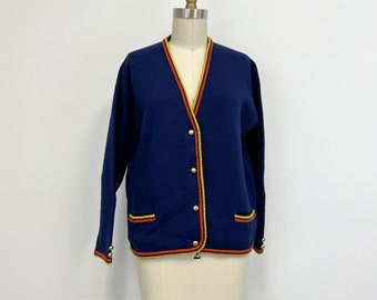 Vintage Lambswool Cardigan Sweater with Pockets| Navy with Orange and Yellow | Size Small