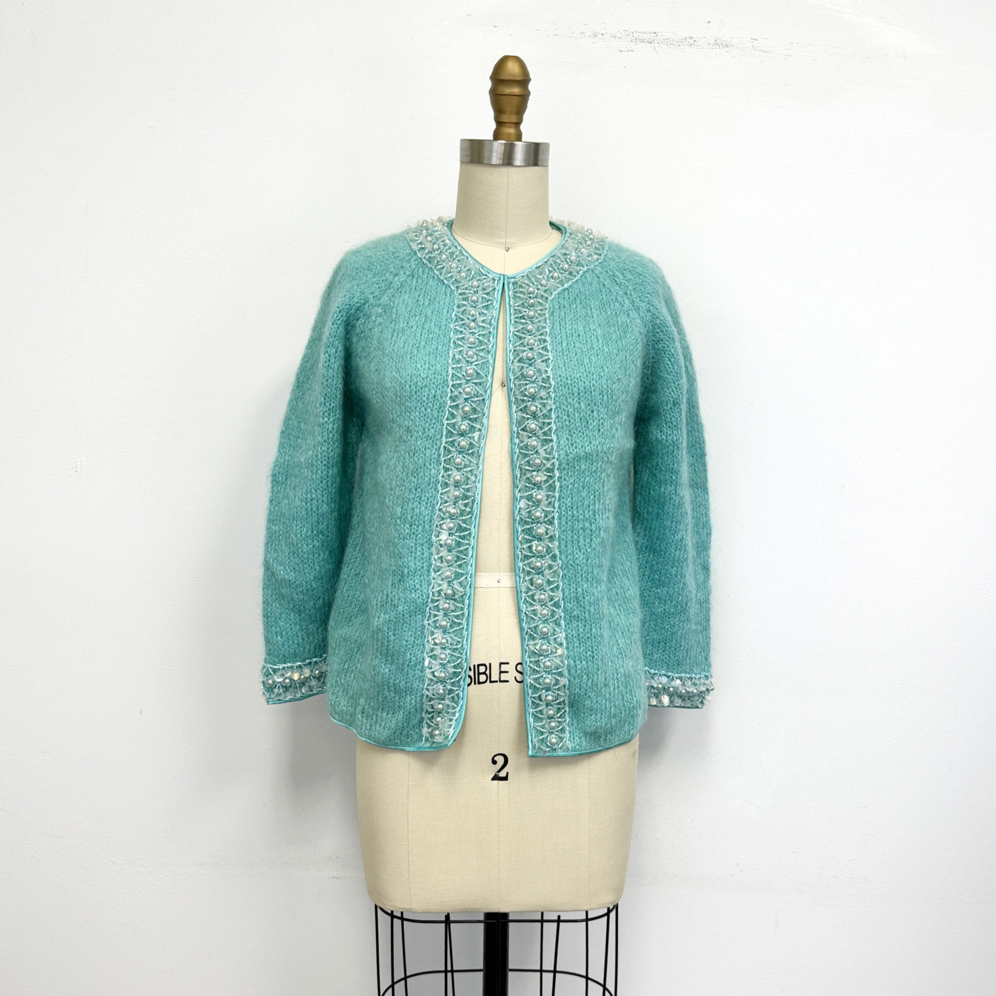 Vintage 50s Cardigan Sweater Beaded Mohair With Satin Trim Aqua 