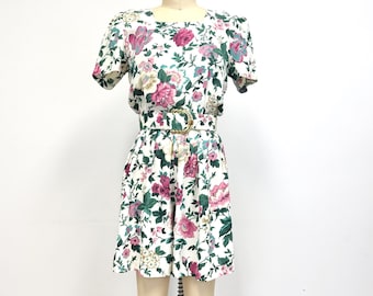 Vintage Floral Romper with Pockets | 90s Short Belted Jumpsuit | Size 6