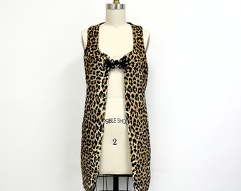 Vintage 60s Long Leopard Print Vest | Faux Fur with Frog Closure| Size Medium