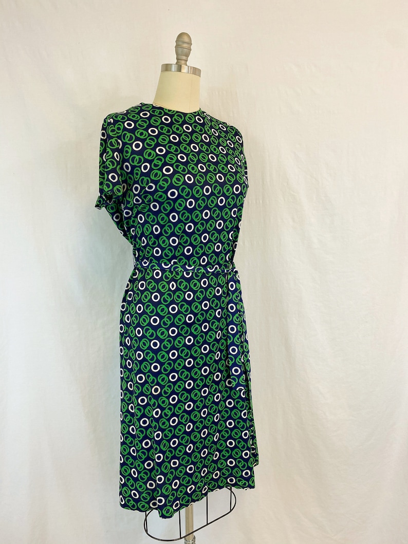 70s Shift Dress with Jacket Size Medium to Large Vintage Belted Dress in Navy Blue and Green