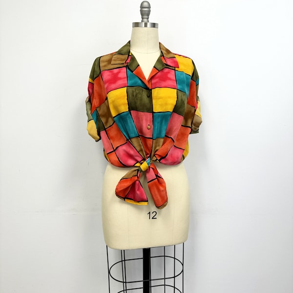 Vintage Color Block Blouse | 90s Camp Shirt | Womens Size Extra Large