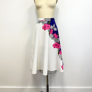 Vintage 70s Polka Dot Floral Skirt: High Waist A-Line, Extra Small