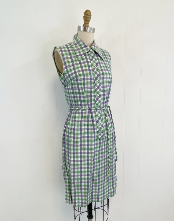 Vintage  Plaid Shirt Dress | 60s Sleeveless Belte… - image 8